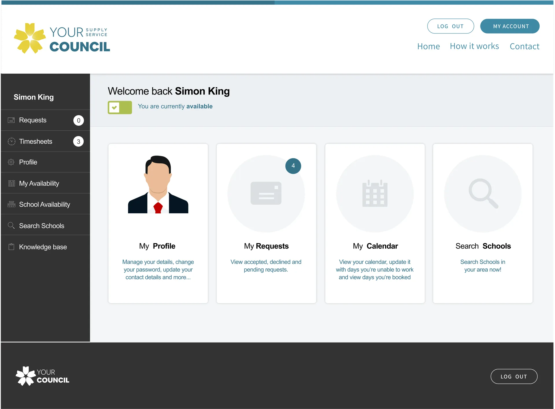 The Your Council Supply Service supply staff dashboard showing a welcome screen for Simon King with quick links to My Profile, My Requests, My Calendar, and Search Schools, part of the platform built by DotPerformance for a UK council
